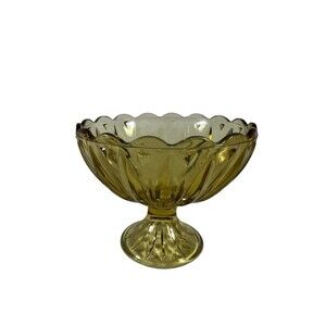 Vintage Amber Glass Scalloped Edge Footed Compote Dessert Bowl - 5.5" x 4.3/8"